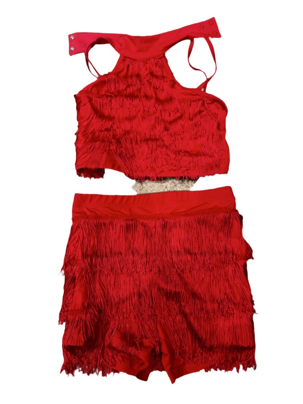 Weissman Red Fringe Countdown Red Two-Piece Crop Top & Shorts Set XLC